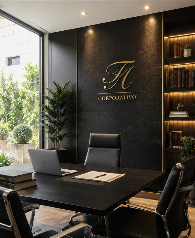 Oficina de F. A Corporativo con logotipo en muro